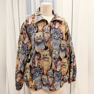 Cat Tapestry Jacket Large needlepoint vintage 1980's zipper pockets cute